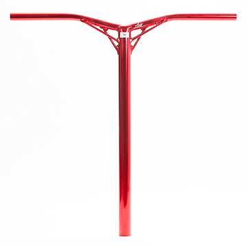 The vibrant red Logic Axis V2 Aluminium Oversized IHC Stunt Scooter Bars showcase a bold T-shape design with intricate cut-outs near the center junction. Made from aluminium, these lightweight yet strong bars stand out against a plain white background, measuring 610mm by 610mm.
