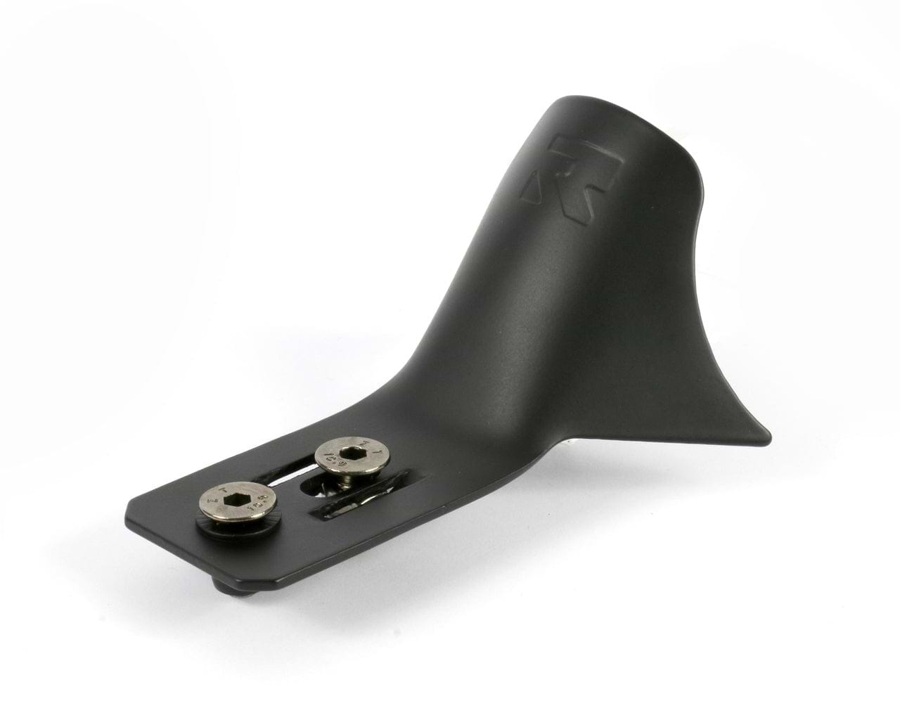 A Root Industries Vader Stunt Scooter Fender - Black, featuring a black metal bracket with two attached screws on a white background. Ideal for securing the fender, it showcases a smooth, curved design with a raised emblem on the front.