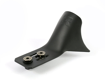 A Root Industries Vader Stunt Scooter Fender - Black, featuring a black metal bracket with two attached screws on a white background. Ideal for securing the fender, it showcases a smooth, curved design with a raised emblem on the front.