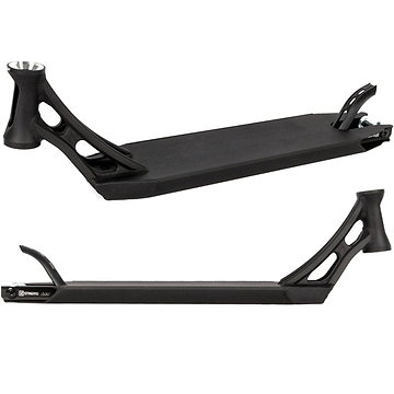 The Ethic DTC Vulcain 12 STD Black Stunt Scooter Deck, measuring 5.1" x 20.9", showcases its cutout designs and rear brake from two perspectives. From a top view, admire the platform's elegance; from the side, appreciate the sleek, skatepark-ready angular frame enhanced by a 12 STD bearing system for smooth rides.