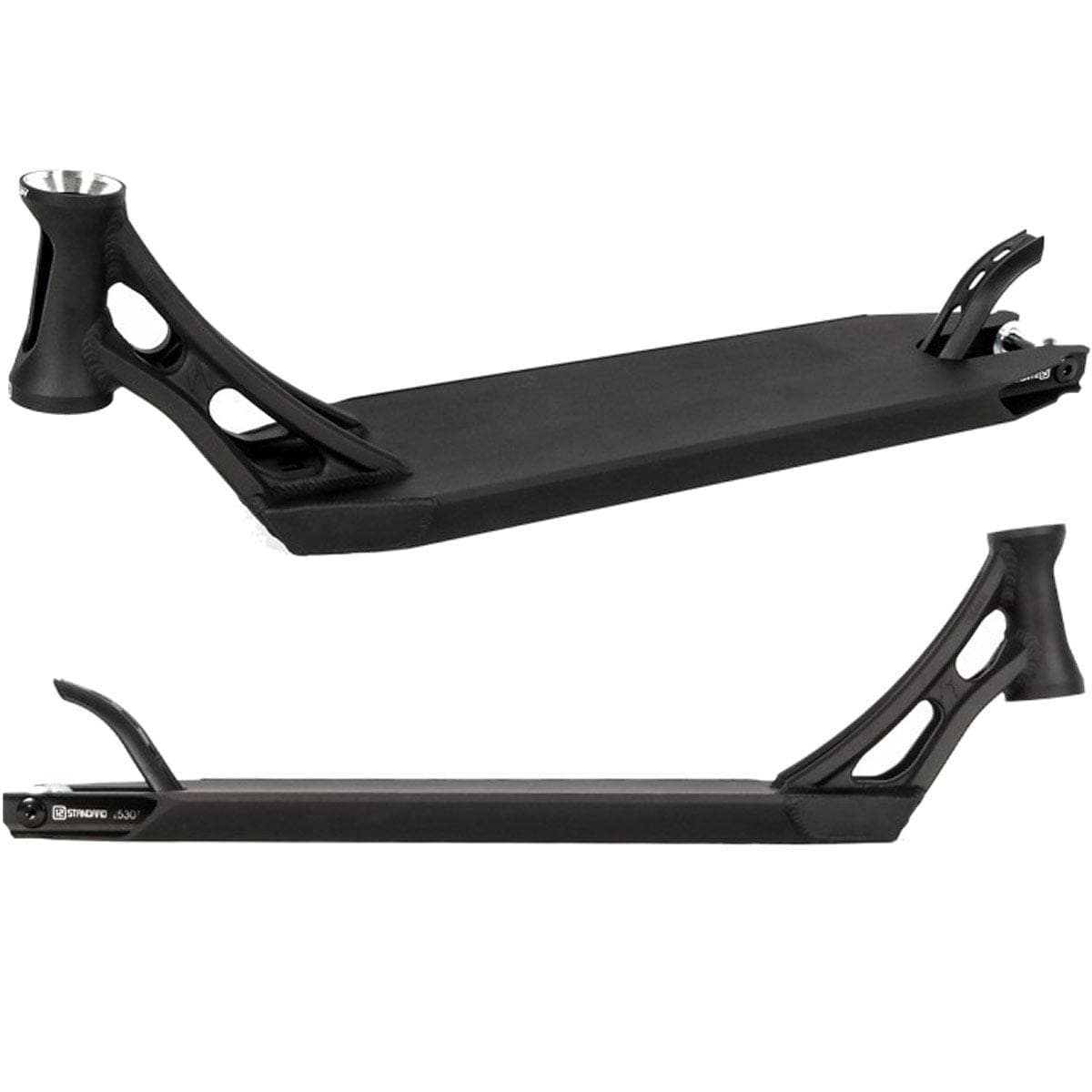 The Ethic DTC Vulcain 12 STD Black Stunt Scooter Deck, measuring 5.1" x 22", includes a 12 STD bearing system and features cutout designs with a rear brake. The image highlights two perspectives, showcasing the deck's sleek and minimalist design.