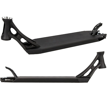The Ethic DTC Vulcain 12 STD Black Stunt Scooter Deck, measuring 5.1" x 22", includes a 12 STD bearing system and features cutout designs with a rear brake. The image highlights two perspectives, showcasing the deck's sleek and minimalist design.