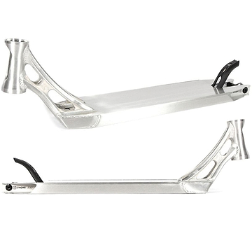 The Ethic DTC Vulcain 12 STD Raw Silver Stunt Scooter Deck, measuring 5.1" x 20.9", features a sleek minimalist silver design with a versatile deck. It includes two cut-out sections for weight reduction, an integrated fork mount in the head tube, and a rear brake. Its compatibility with the 12 STD bearing system guarantees smooth rides.