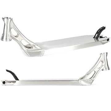 Two perspectives of the Ethic DTC Vulcain 12 STD Raw Silver Stunt Scooter Deck, measuring 5.1" x 22", showcase its cutout designs and rear brake. This sleek scooter deck boasts a metallic finish that underscores its contemporary design and features a 12 STD bearing system for exceptional performance.