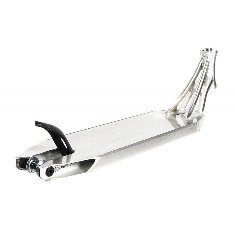 The Ethic DTC Vulcain 12 STD Raw Silver Stunt Scooter Deck, measuring 5.1" x 22", showcases a sleek, minimalist design in a raw silver finish. It comes with a reinforced neck and curved rear brake, two slots for wheel mounts, and is equipped with the advanced 12 STD bearing system for enhanced performance.