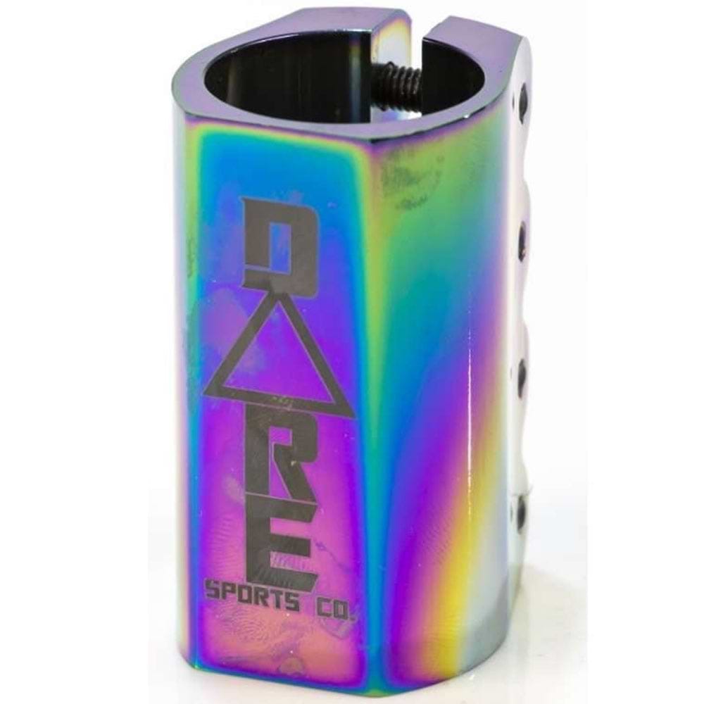 Introducing the Dare Warlord 4 Bolt Oversized SCS Stunt Scooter Clamp in Neochrome, this vibrant metallic clamp showcases an iridescent finish and proudly displays the "Dare" logo in black on its side. It features multiple bolts to ensure secure attachment.