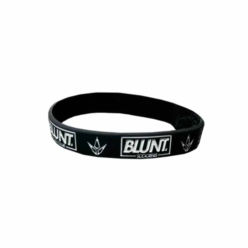 A Blunt Envy Stunt Scooter Wristband in black rubber, showcasing the "BLUNT SCOOTERS" logo and a stylized leaf design, elegantly set against a plain white background. Ideal for fans of Blunt Envy, this accessory adds a stylish touch to your look.