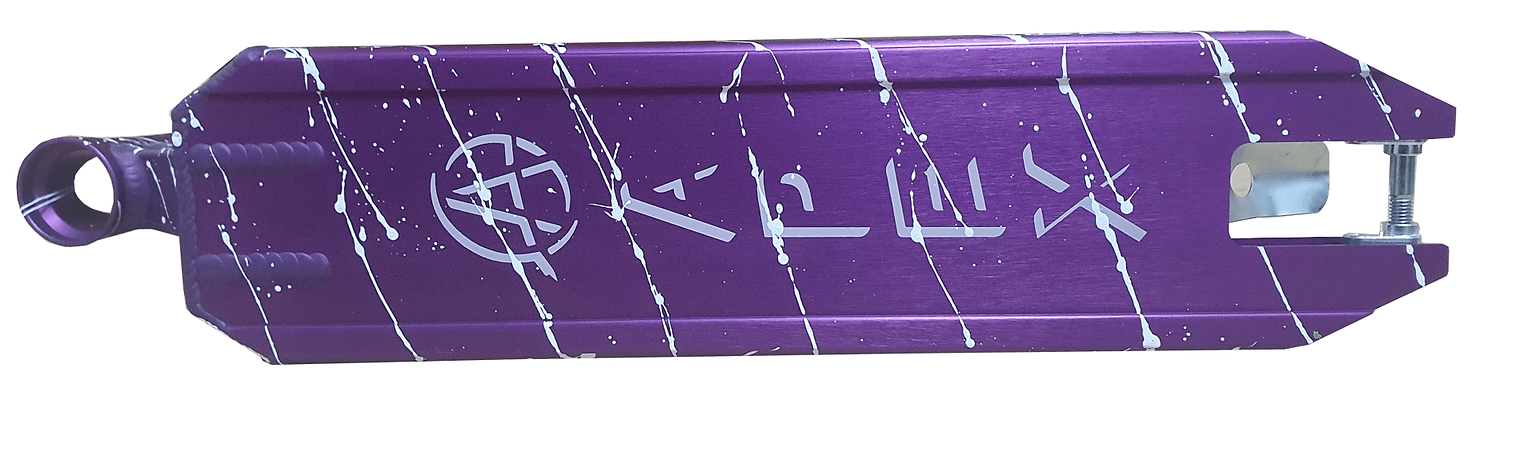 The Apex Pro Splatter Purple / White Stunt Scooter Deck, made from sturdy 6082 aluminium, showcases a purple hue with a distinctive white splatter pattern and graphics that include symbols and text.