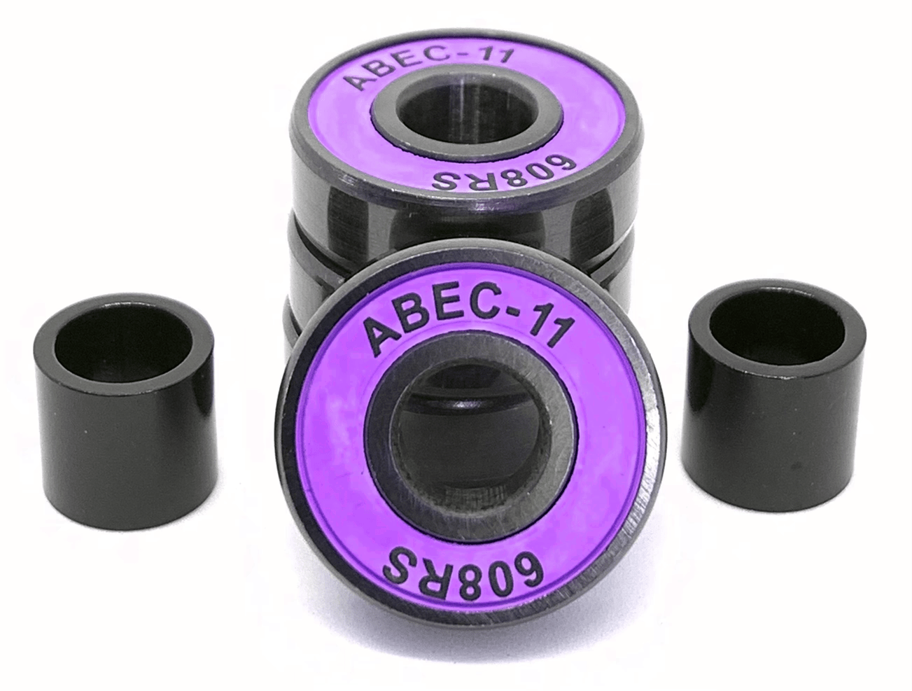 Image featuring three stacked Logic ABEC 11 Purple Scooter Bearings labeled with "ABEC-11 608RS," accompanied by two black cylindrical spacers on either side, highlighting their premium quality. Designed for optimal performance seekers, this set of bearings and spacers is presented against a pristine white background.