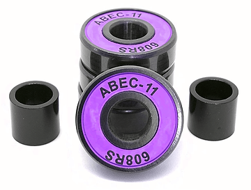 Image featuring three stacked Logic ABEC 11 Purple Scooter Bearings labeled with "ABEC-11 608RS," accompanied by two black cylindrical spacers on either side, highlighting their premium quality. Designed for optimal performance seekers, this set of bearings and spacers is presented against a pristine white background.