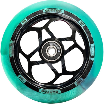 The Lucky Quatro Pro 110mm Scooter Wheel in Black and Teal boasts a sleek, intricate spoke design with the brand's Rebound Technology. Its black central hub is embellished with text and geometric patterns, adding to its modern look.