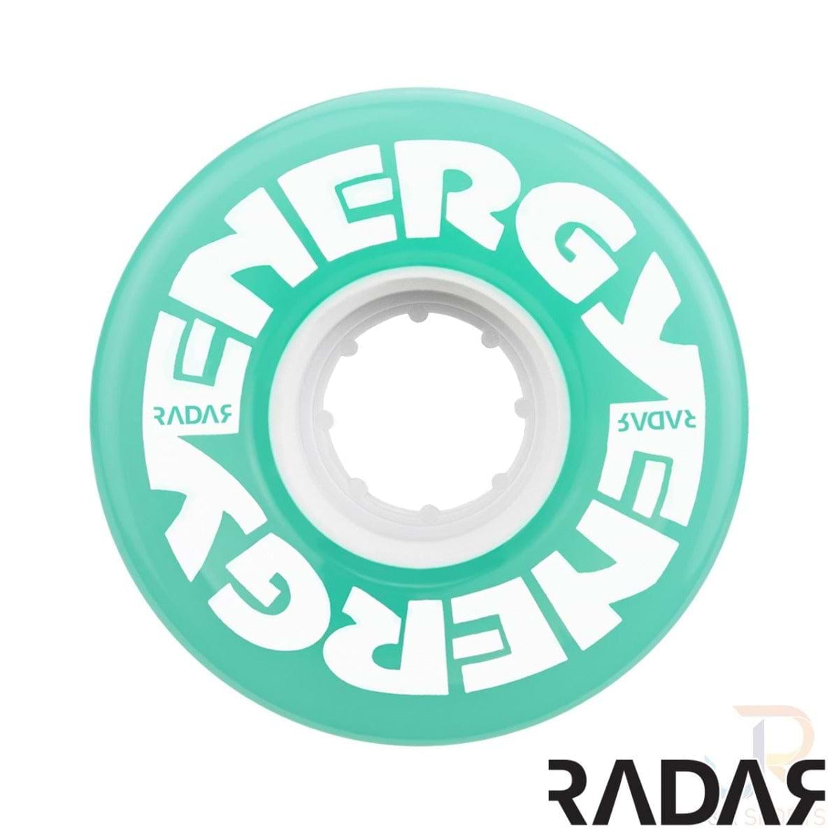 Aqua skate wheel from Radar with "ENERGY" prominently displayed in bold, white letters on the top and "RADAR" at the bottom. This outdoor urethane quad roller skate wheel has a 78A durometer rating and an inner core designed for secure attachment.