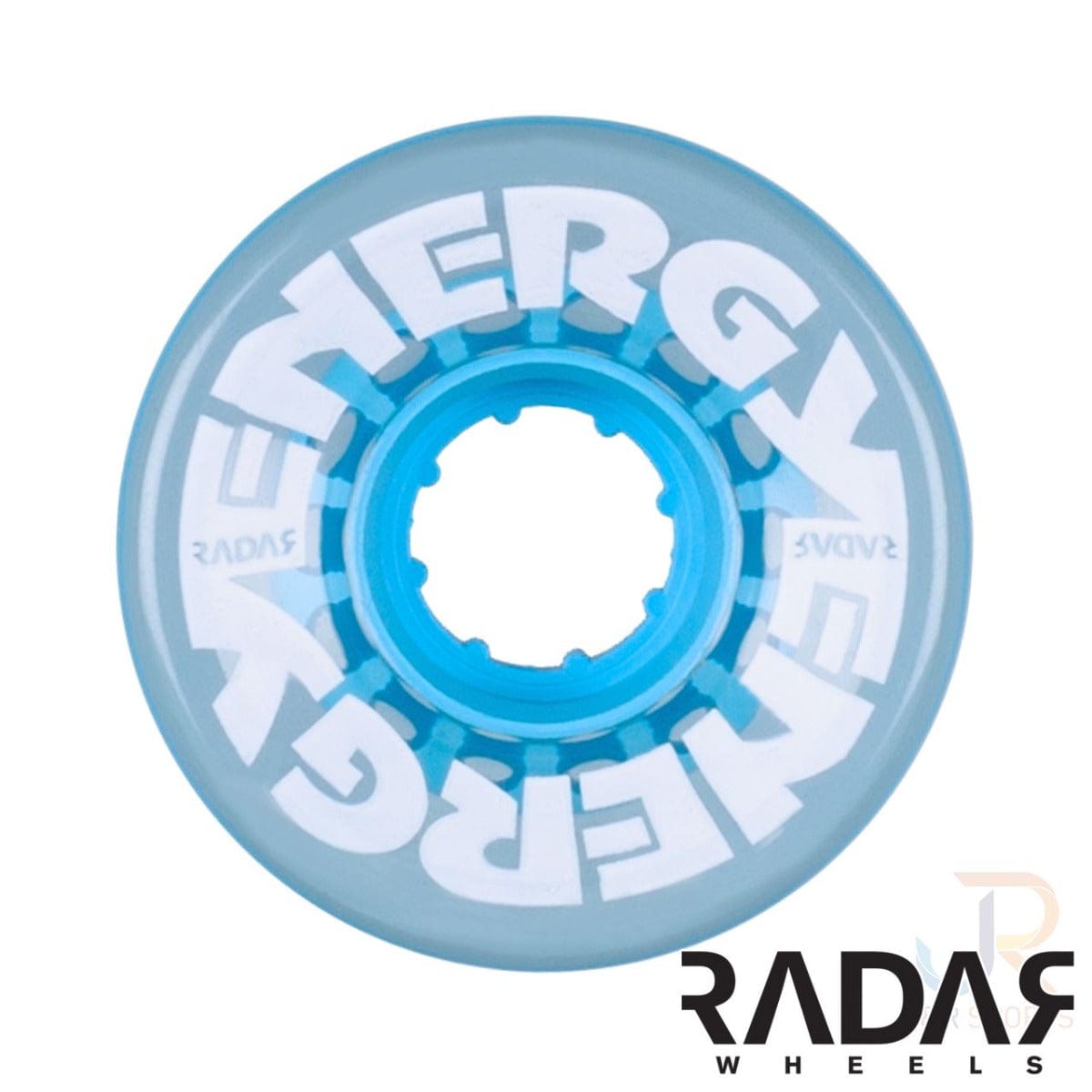 This clear blue Radar Energy 78A Quad Roller Skate Wheel displays white text that reads "Energy" and "Radar," both forwards and mirrored. Designed for outdoor use with a 78A durometer, it features a transparent outer layer and a reinforced micro hub. The bottom right corner is adorned with the black "Radar Wheels" logo.