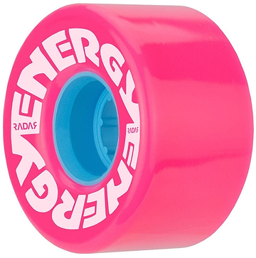 The Radar Energy 78A Quad Roller Skate Wheels in pink feature a bright neon hue, making them ideal for quad skate setups. The wheels proudly display "ENERGY" and "RADAR" in white lettering, accompanied by a striking blue center core. Designed with outdoor urethane construction and a 78A durometer, they ensure peak performance.