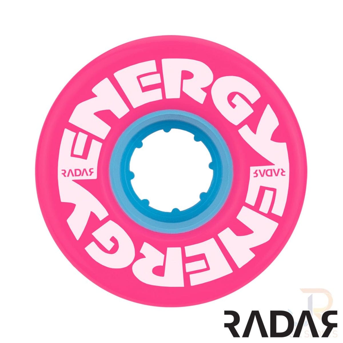 The Radar Energy 78A Quad Roller Skate Wheel in bright pink showcases bold white text "ENERGY" curving along the top and bottom. Made from outdoor urethane and boasting a 78A durometer, it features a turquoise center with smaller "Radar" text and the brand logo in black positioned at the bottom right.
