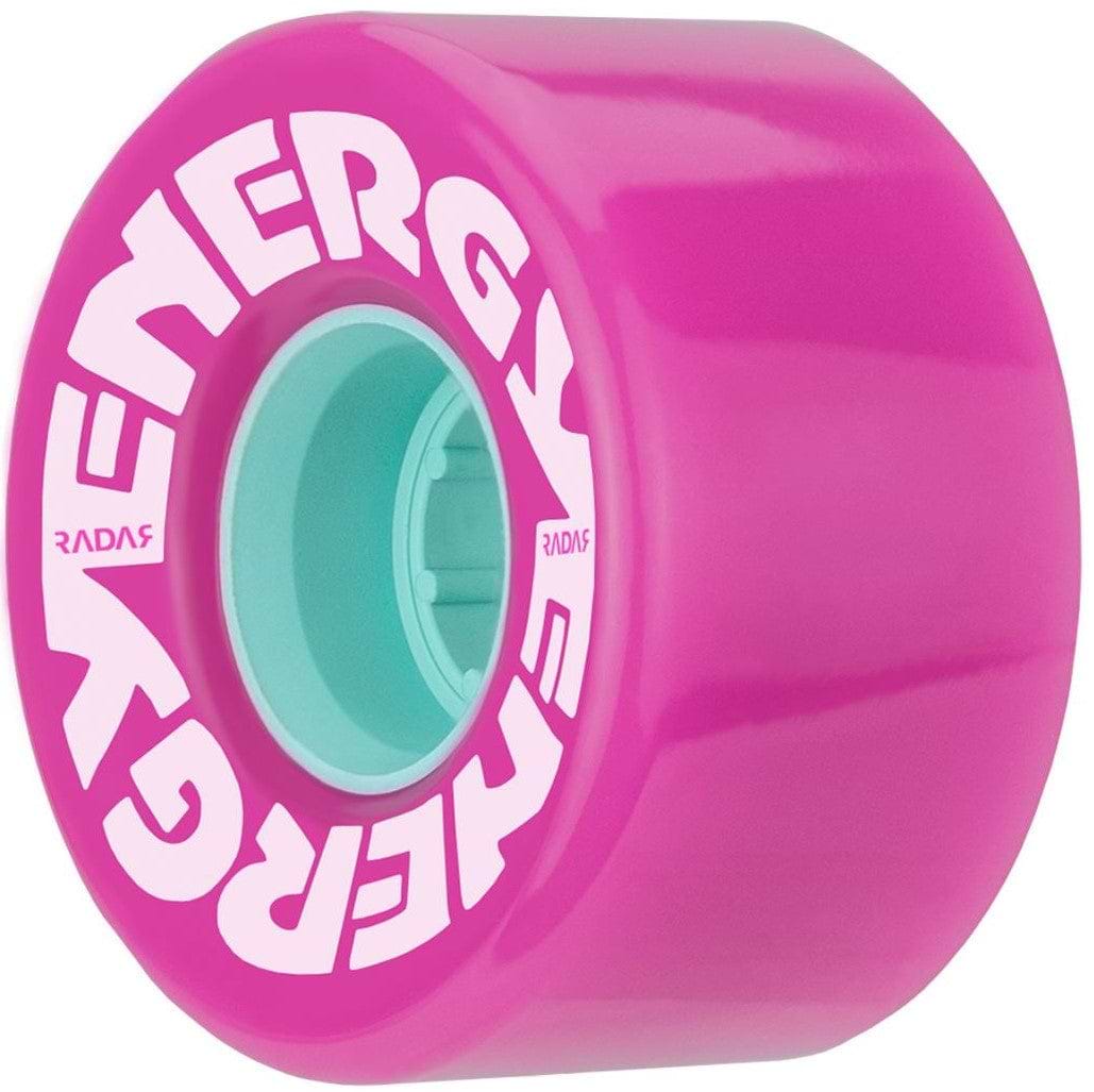 A vibrant purple Radar Energy 78A Quad Roller Skate Wheel, featuring white "ENERGY" text around the edge, is constructed from outdoor urethane. It showcases a green center hub and has a 78A durometer for enhanced performance.