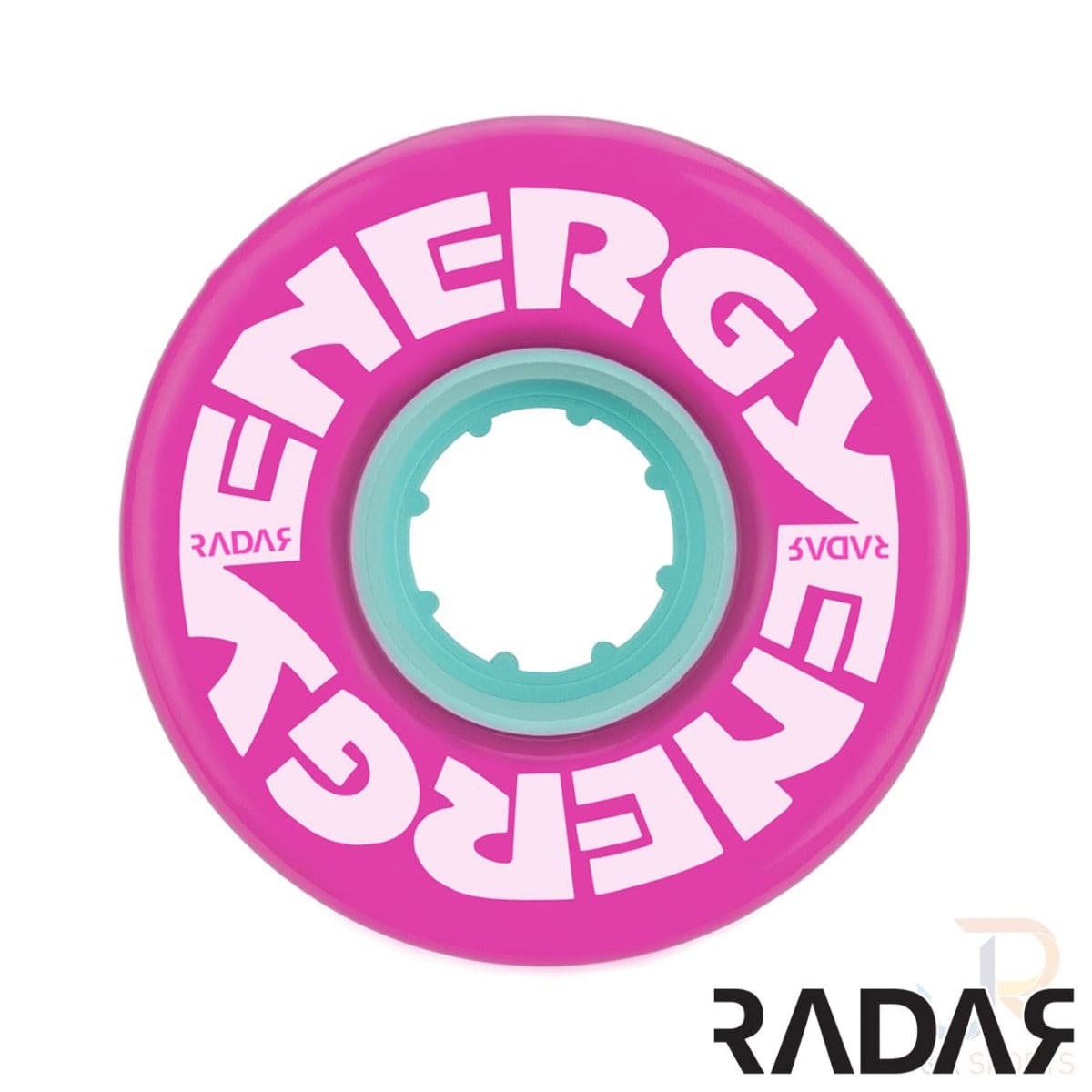 Close-up of a purple Radar Energy quad roller skate wheel, featuring the word "ENERGY" prominently printed in white. Made from outdoor urethane material with a durometer of 78A, this wheel has a teal center and showcases the brand name "RADAR" along its edge.