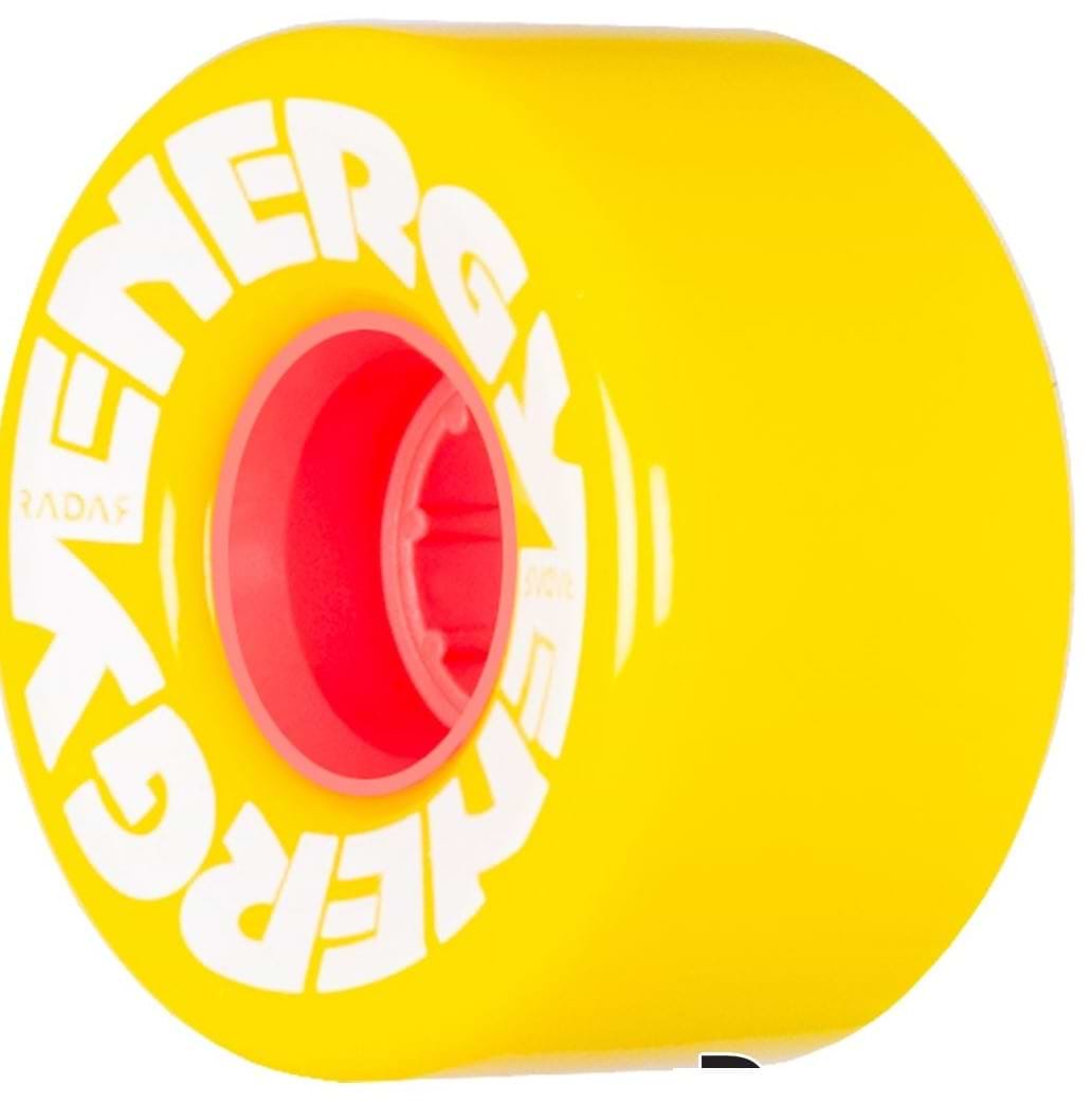 A vibrant yellow wheel from Radar's Energy series, made of durable urethane, features the brand name "ENERGY" in white along the side. Perfect for outdoor skating, it boasts a red core and a 78A durometer, providing an excellent combination of grip and speed. This model is officially named the Radar Energy 78A Quad Roller Skate Wheels - Yellow, measuring 57mm x 32mm.