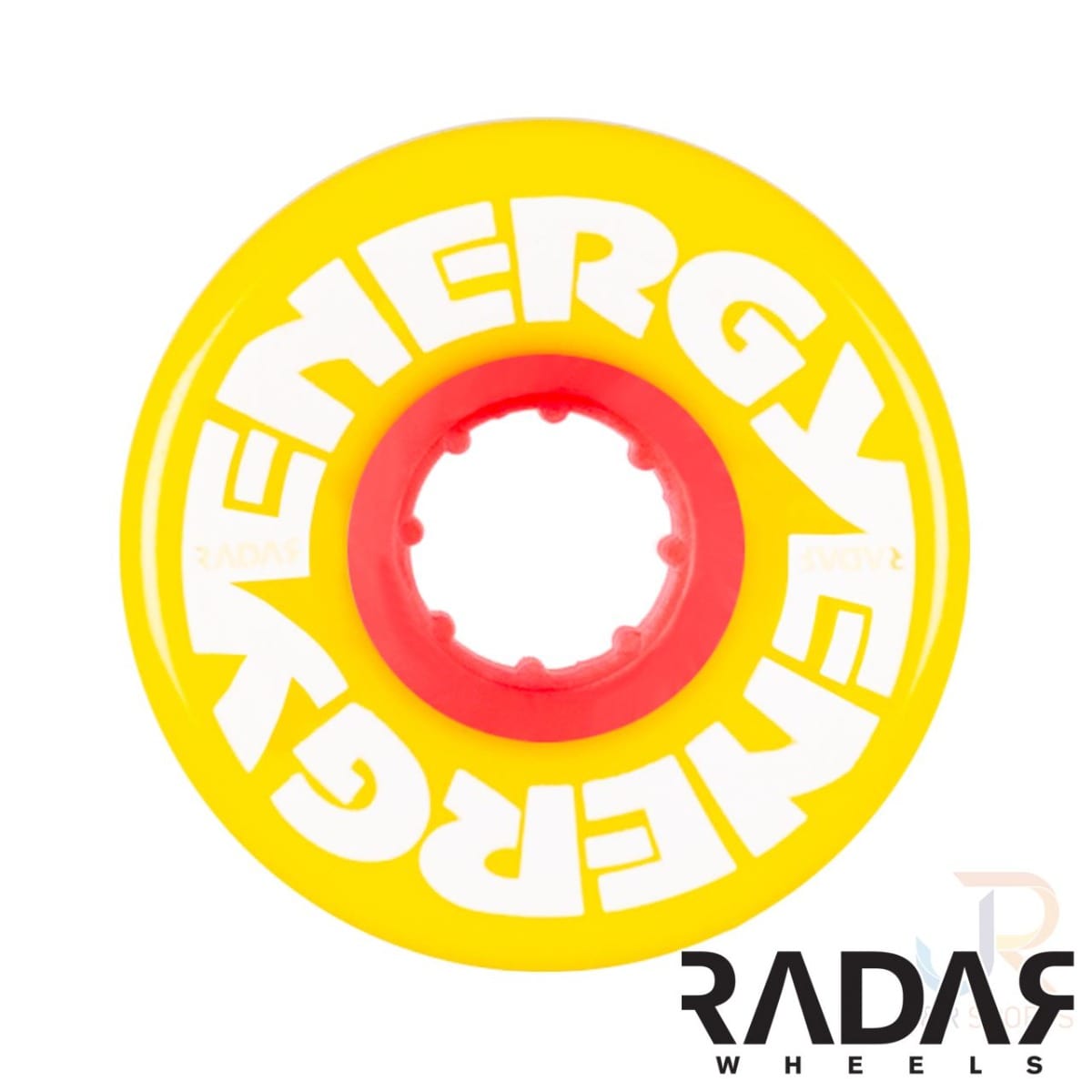This image features a detailed view of the Radar Energy 78A Quad Roller Skate Wheel, which is yellow with a urethane composition. The outer rim displays the word "ENERGY" prominently in bold white lettering. Its core is red and open, tailored for outdoor skating, and designed with a 78A durometer rating. The "RADAR" brand logo appears in the bottom right section of the wheel.