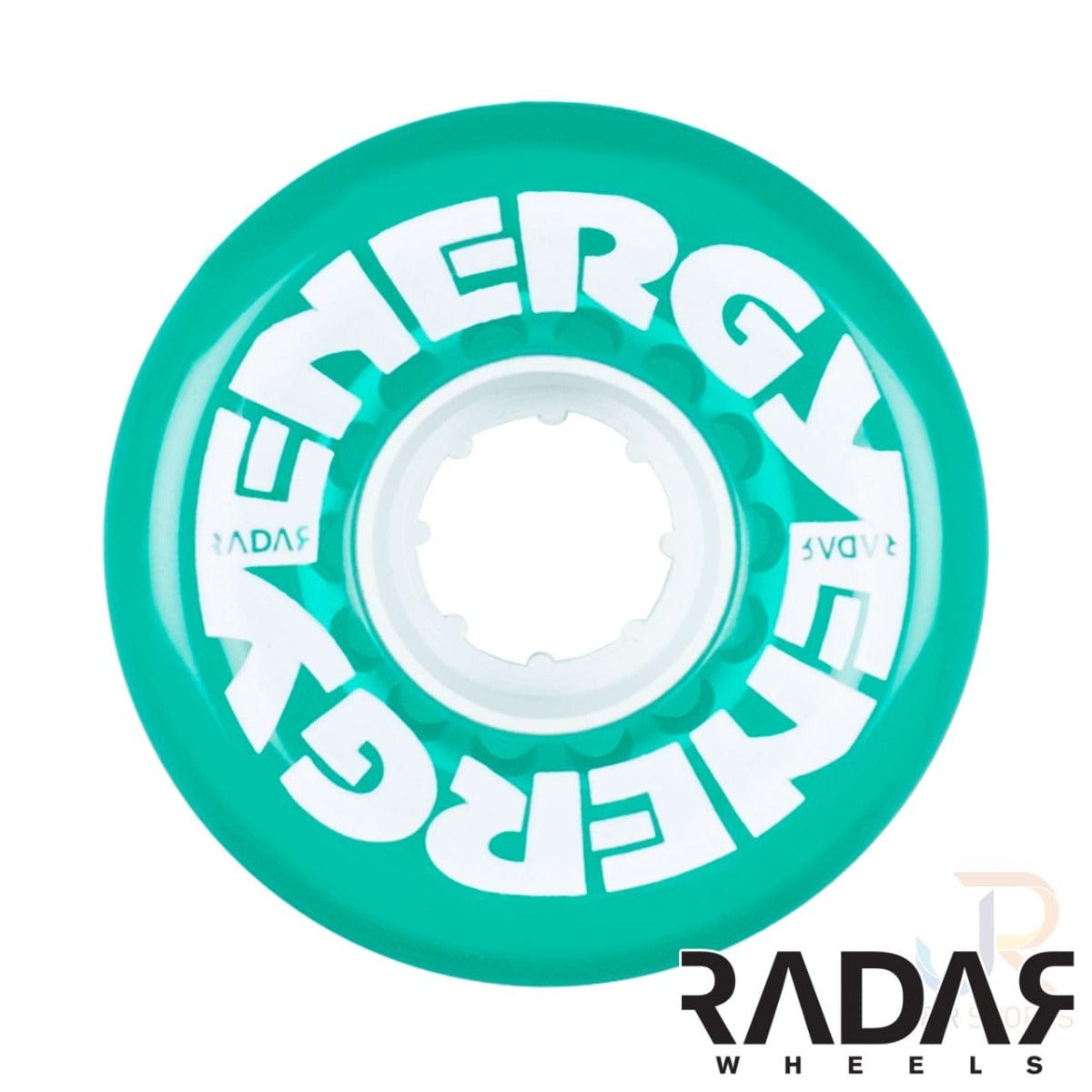 From a bird's-eye perspective, the clear green Radar Energy roller skate wheel displays the word "ENERGY" in white. Made from urethane, this wheel features a 78A durometer for a smooth skating experience. The "RADAR" logo is visible at the bottom right corner, indicating its suitability for outdoor use.