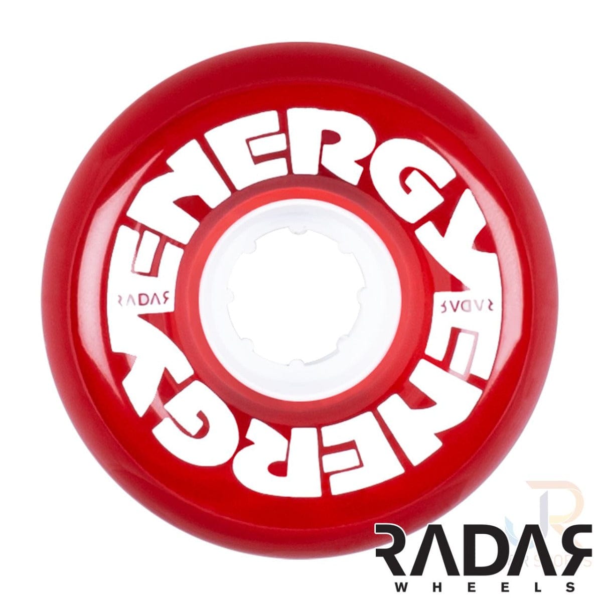 The clear red "Energy" quad roller skate wheel from Radar, ideal for outdoor adventures, displays the brand name in white. Featuring a contrasting white hub and a vibrant red exterior, these 78A durometer wheels provide a smooth ride on any surface.