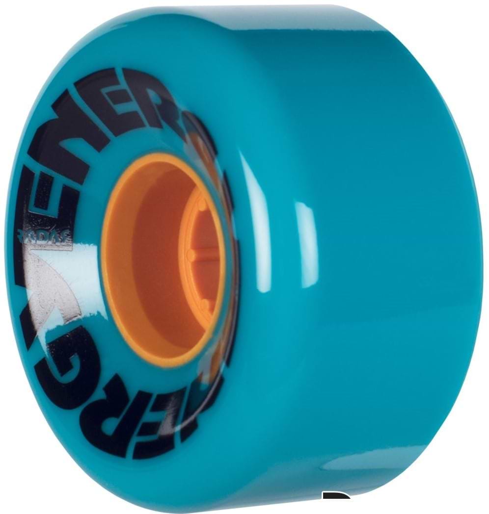 Close-up of a teal Radar skateboard wheel with an orange inner core made from durable urethane material. The word "ENERGY" is partially visible in black lettering on the side. With a shiny, smooth surface, these outdoor skate wheels boast a durometer of 78A for optimal performance.