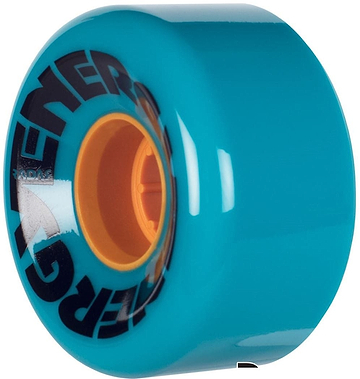Close-up of a teal Radar skateboard wheel with an orange inner core made from durable urethane material. The word "ENERGY" is partially visible in black lettering on the side. With a shiny, smooth surface, these outdoor skate wheels boast a durometer of 78A for optimal performance.