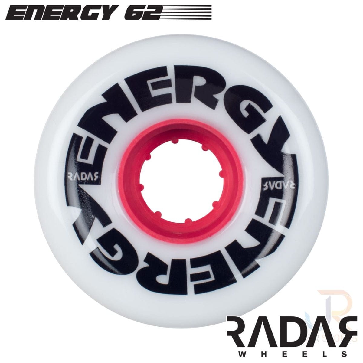 A "Radar Energy 78A" quad roller skate wheel in pure white, featuring the word "ENERGY" boldly printed in black around the center. The hub is a striking bright red. Made from outdoor urethane, these wheels are designed for responsive and smooth performance. At the bottom right corner, you'll find "RADAR WHEELS" imprinted.