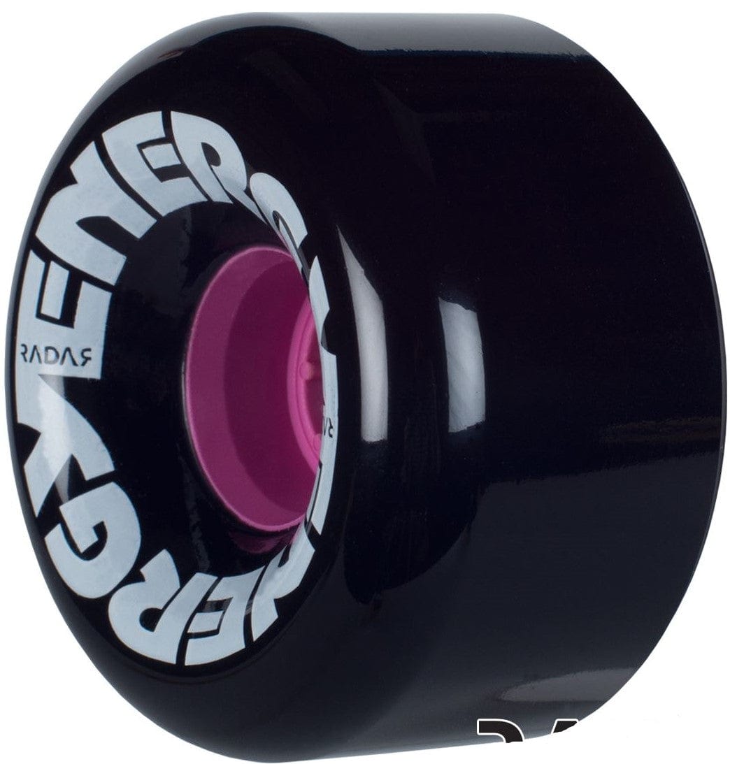 Close-up of a black Radar Energy 78A quad skate wheel displaying bold white letters that spell "ENERGY" on the side. This outdoor urethane wheel, measuring 65mm x 32mm, features a pink core that provides a striking contrast.