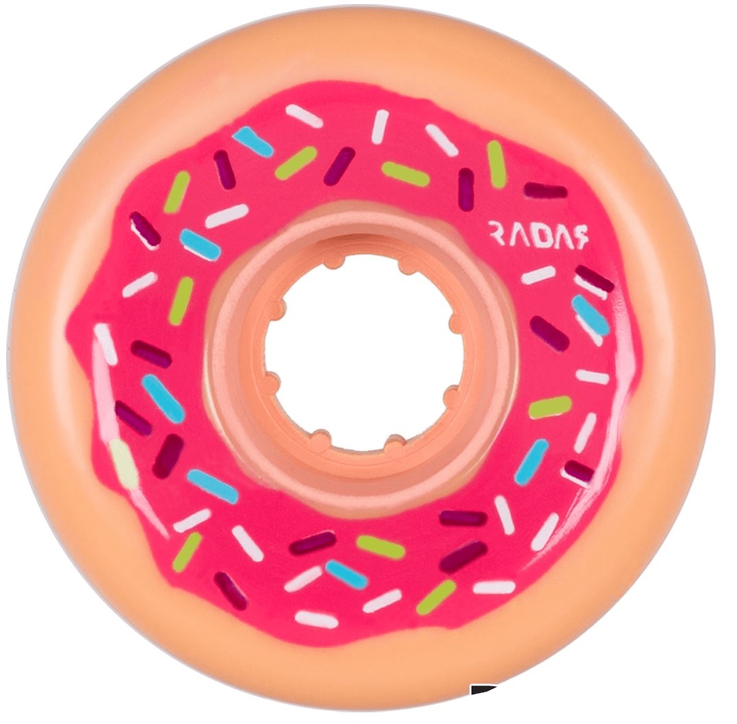 Introducing the charming Radar Donut 78A Quad Roller Skate Wheels in Pink, featuring a vibrant donut design with pink icing and multicolored sprinkles. Perfect for outdoor adventures, these 62mm x 32mm wheels showcase the trusted Radar brand name, delivering both style and high-quality urethane performance.