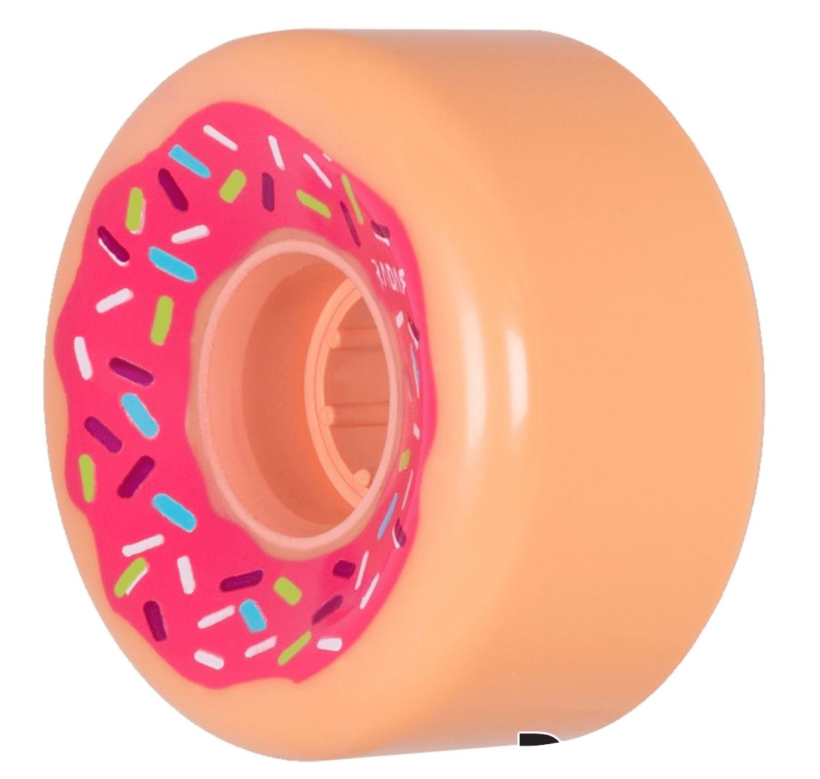 Introducing the Radar Donut 78A Quad Roller Skate Wheels by Radar, designed to mimic a pink frosted donut topped with colorful sprinkles. These eye-catching wheels, sized at 62mm x 32mm, are made from outdoor urethane, offering both durability and style for a smooth ride on any surface.