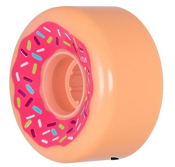 Introducing the Radar Donut 78A Quad Roller Skate Wheels by Radar, designed to mimic a pink frosted donut topped with colorful sprinkles. These eye-catching wheels, sized at 62mm x 32mm, are made from outdoor urethane, offering both durability and style for a smooth ride on any surface.