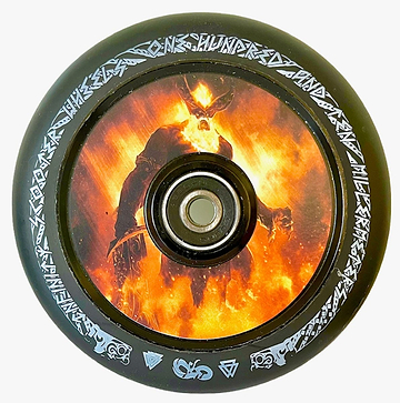 The Infinity Viking 110mm Hollowcore Stunt Scooter Wheel - Ragnarok is an ultra-lightweight wheel boasting a detailed design with a fiery, demonic figure laser etched at its core. Its outer rim is embellished with high rebound PU and mysterious runes, creating an ethereal look.