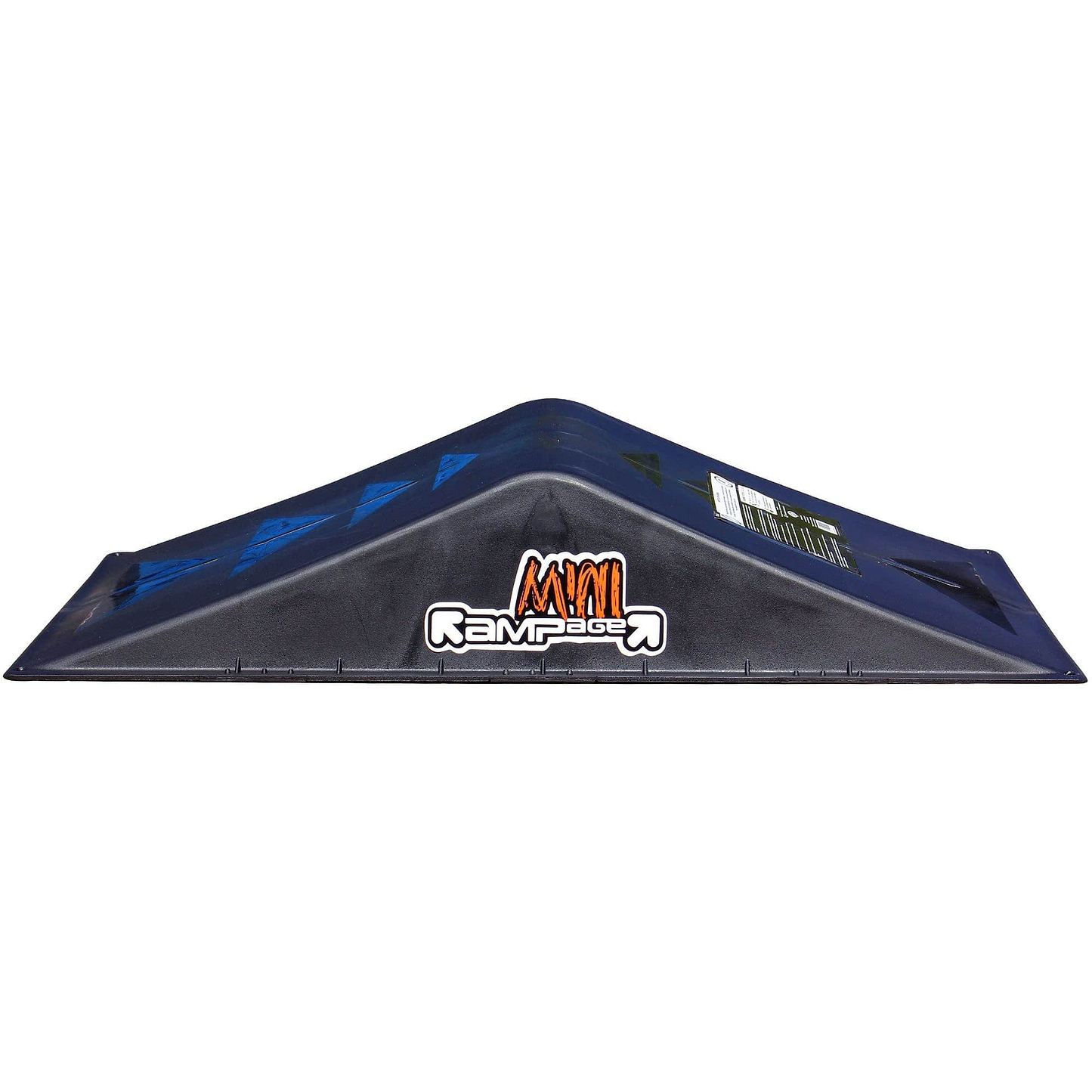 The Rampage Double Mini Skate Ramp, featuring a sleek black design with blue accents and the "Mini Rampage" logo, is perfect for skating stunts. Its triangular shape ensures easy transport and provides an excellent setup for mastering skateboard tricks.