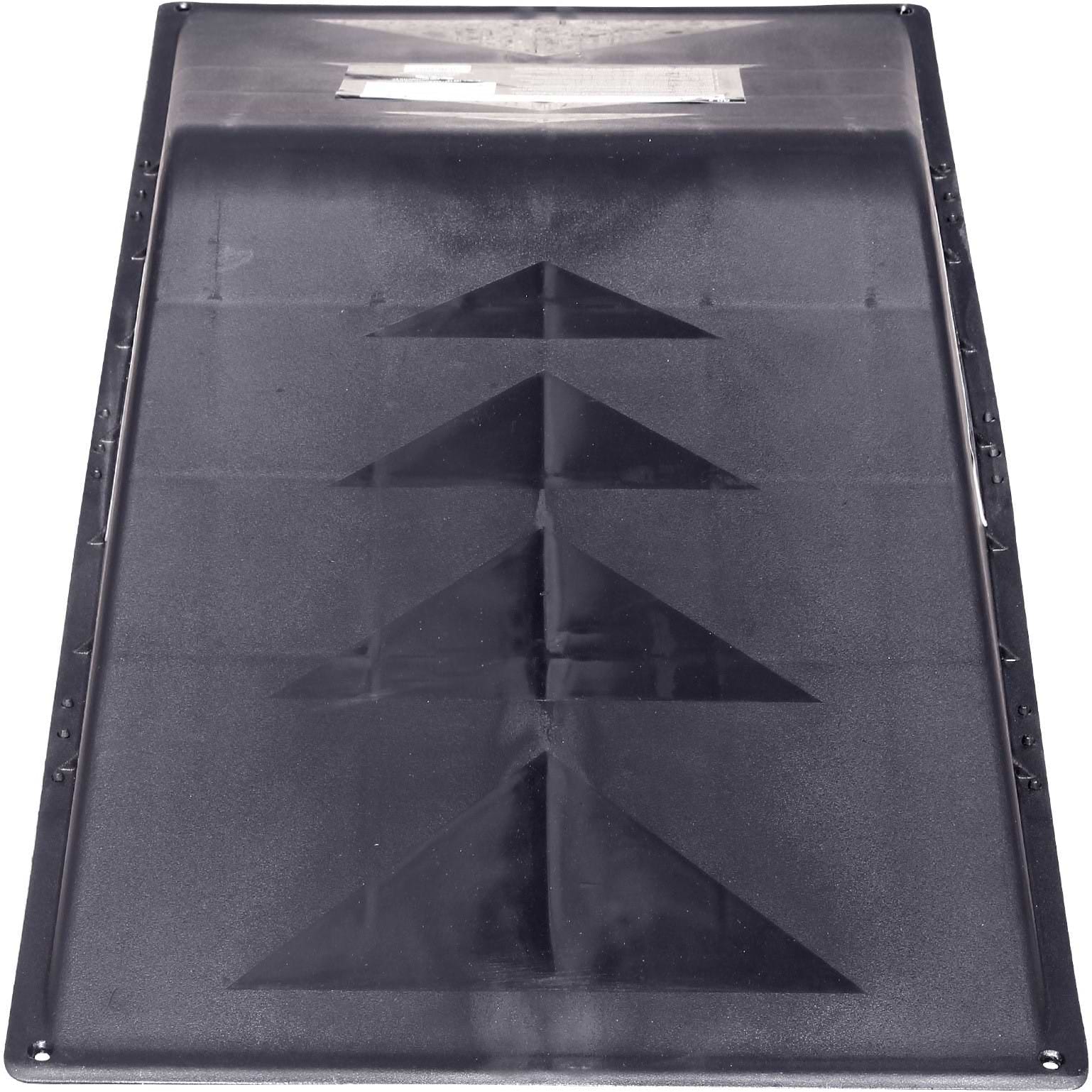Introducing the Rampage Double Mini Skate Ramp—a rectangular panel made of metal or plastic, featuring multiple raised triangular sections in the center that form an upward-pointing arrow pattern. Perfect for performing skating stunts, this ramp features a smooth and shiny surface complete with a label at the top. Designed for easy transport, it comes with a sleek, dark finish.