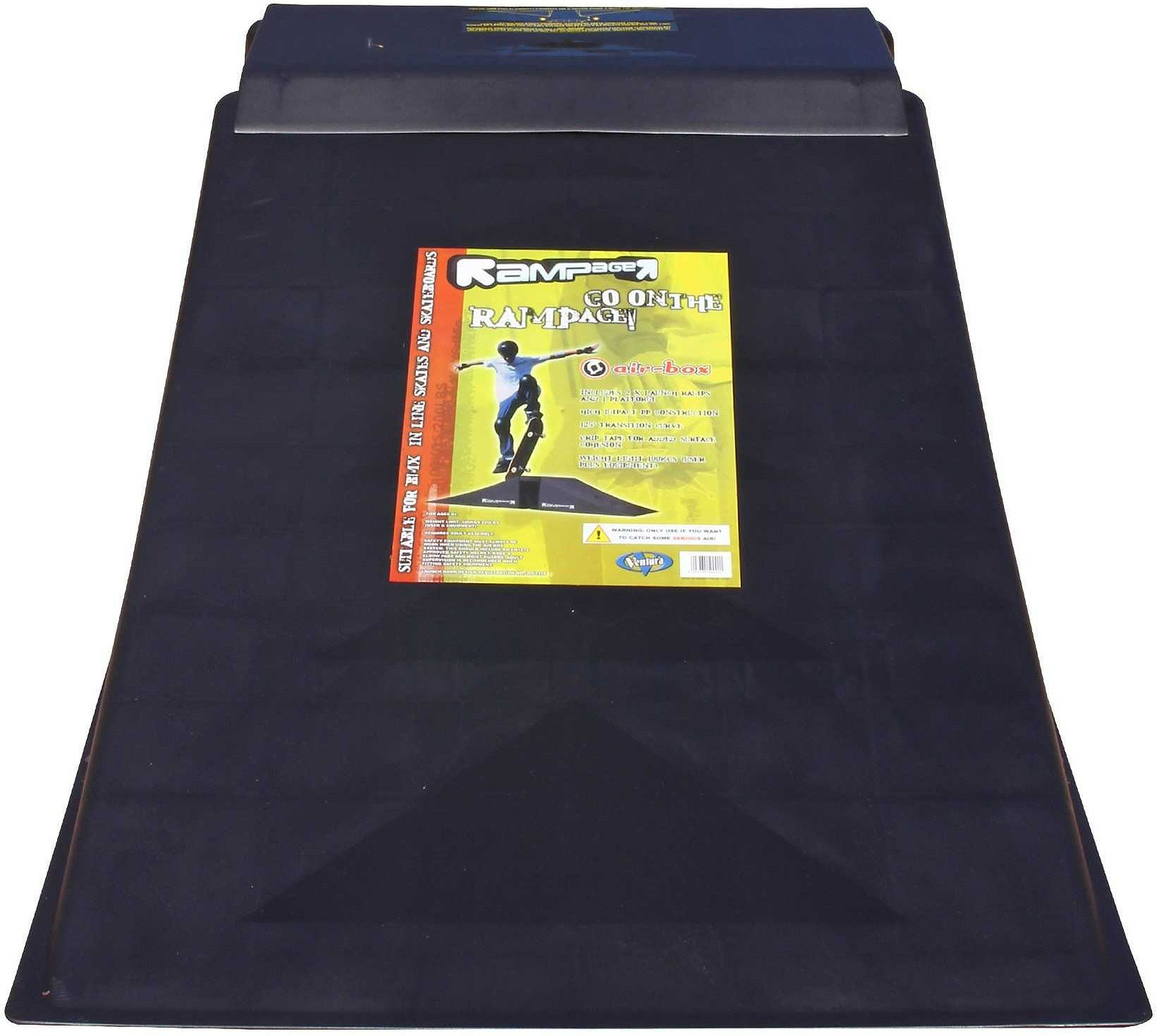 A black plastic Rampage Airbox V2 Full Size Ramp with a yellow center label featuring a skateboarder and "Rampage Mini Four Foot Rampage"—ideal for BMX tricks or combining with other Rampage ramps.
