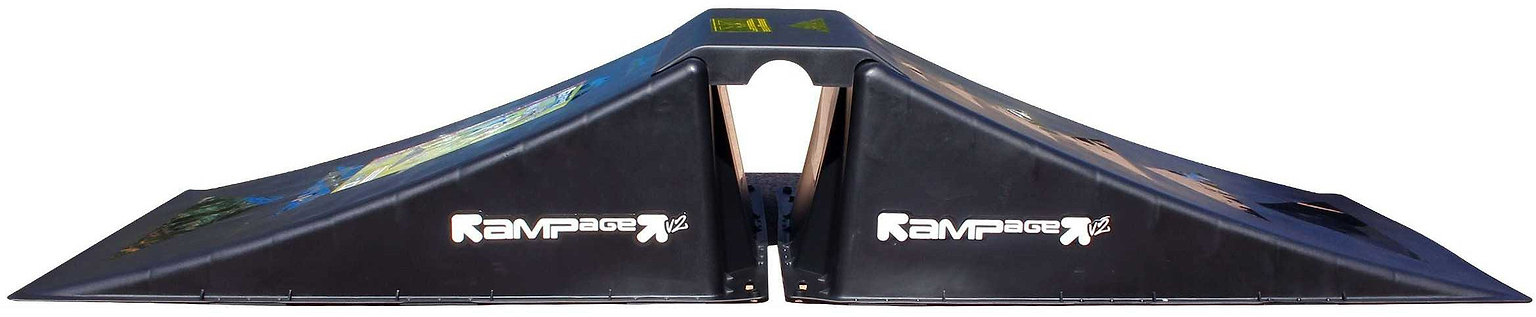 The Rampage Airbox V2 Full Size Ramp by Rampage is a black plastic skate ramp set featuring two opposing sloped ramps joined by a central flat bridge.