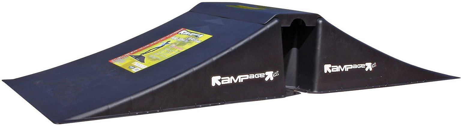The Rampage Airbox V2 Full Size Ramp by Rampage is a black plastic BMX ramp with two angled surfaces and a flat center platform labeled "Rampage X," designed for jumps and tricks.