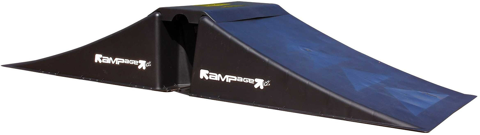 The Rampage Airbox V2 Full Size Ramp by Rampage is a black plastic skate ramp with two sloped sides, a flat center platform, and the "Rampage" logo featured on each side.