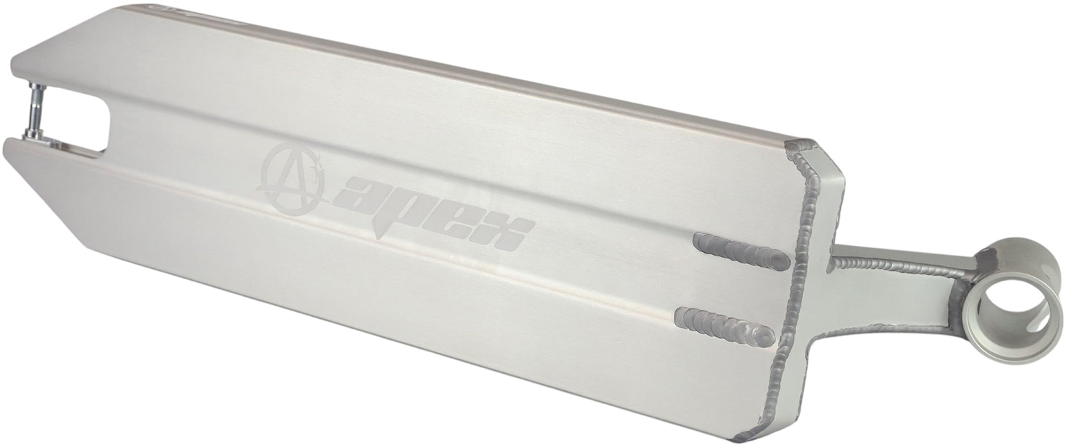 Introducing the Apex Angled Raw Stunt Scooter Deck - 6″, crafted by Apex with distinctive angular edges, a precision cutout for brake and wheel compatibility, and the iconic Apex logo engraved on the top surface. This robust street scooter deck is engineered for outstanding durability and performance.