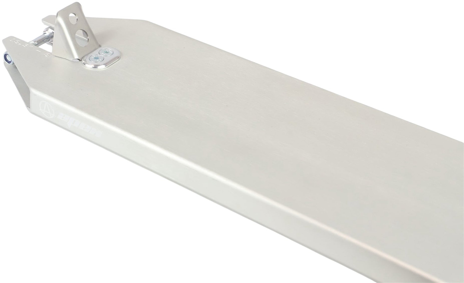 The Apex Angled Raw Stunt Scooter Deck - 6″ by Apex is showcased at an angle against a white background, emphasizing its flat top surface, robust rear metal mounting bracket, and the embossed Apex logo on the side. This 6-inch deck is engineered for superior street stunt scooter performance and durability.