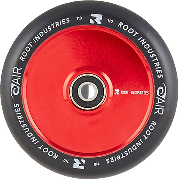 A close-up of the Root Industries AIR Hollowcore 110mm Stunt Scooter Wheel in Black/Red showcases its design. The red core incorporates hollowcore technology with a metal bearing, while the black tire is marked with "Root Industries" and "AIR" in white lettering, highlighting the precision of the AIR Hollowcore design.