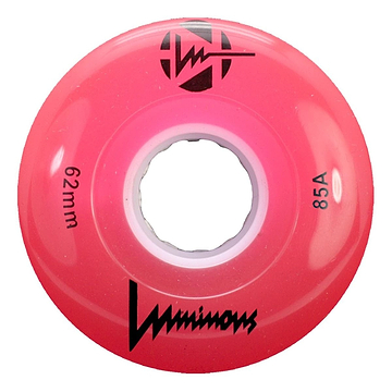 A vibrant red Luminous LED 85A Quad Roller Skate Wheel, 62mm with a white core, features the Luminous logo, stylized text, and is made from 85A durometer urethane.