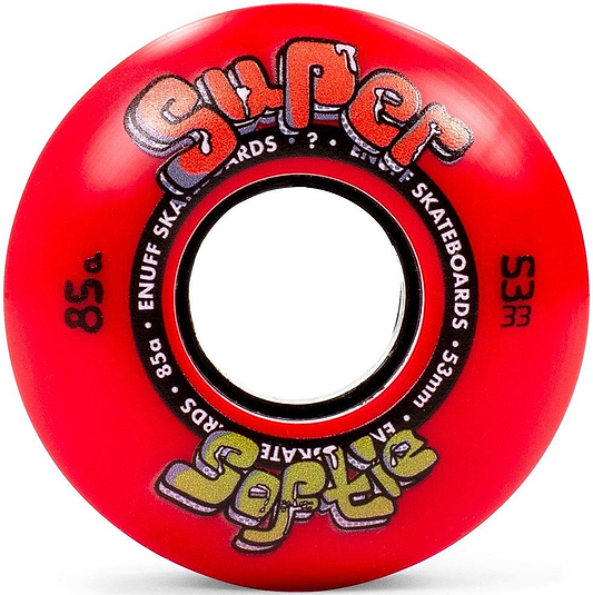 The Enuff Super Softie 53mm 85A Skateboard Wheels in red feature black and gold text and are designed by Enuff Skateboards for an ultra-smooth ride.