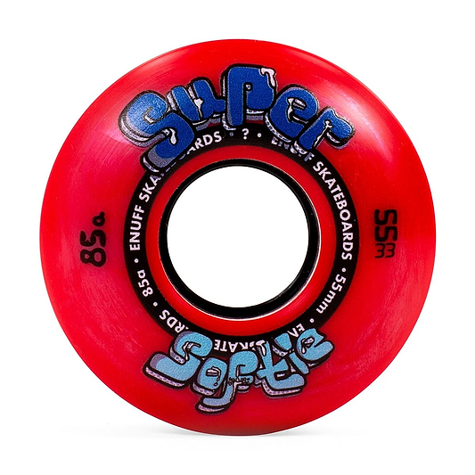 The Enuff Super Softie 55mm 85A Skateboard Wheels in red come with blue and white lettering. Made with an 85A compound, they guarantee a smooth ride. The specifications "85A" for hardness and "55mm" for diameter are printed on each wheel.