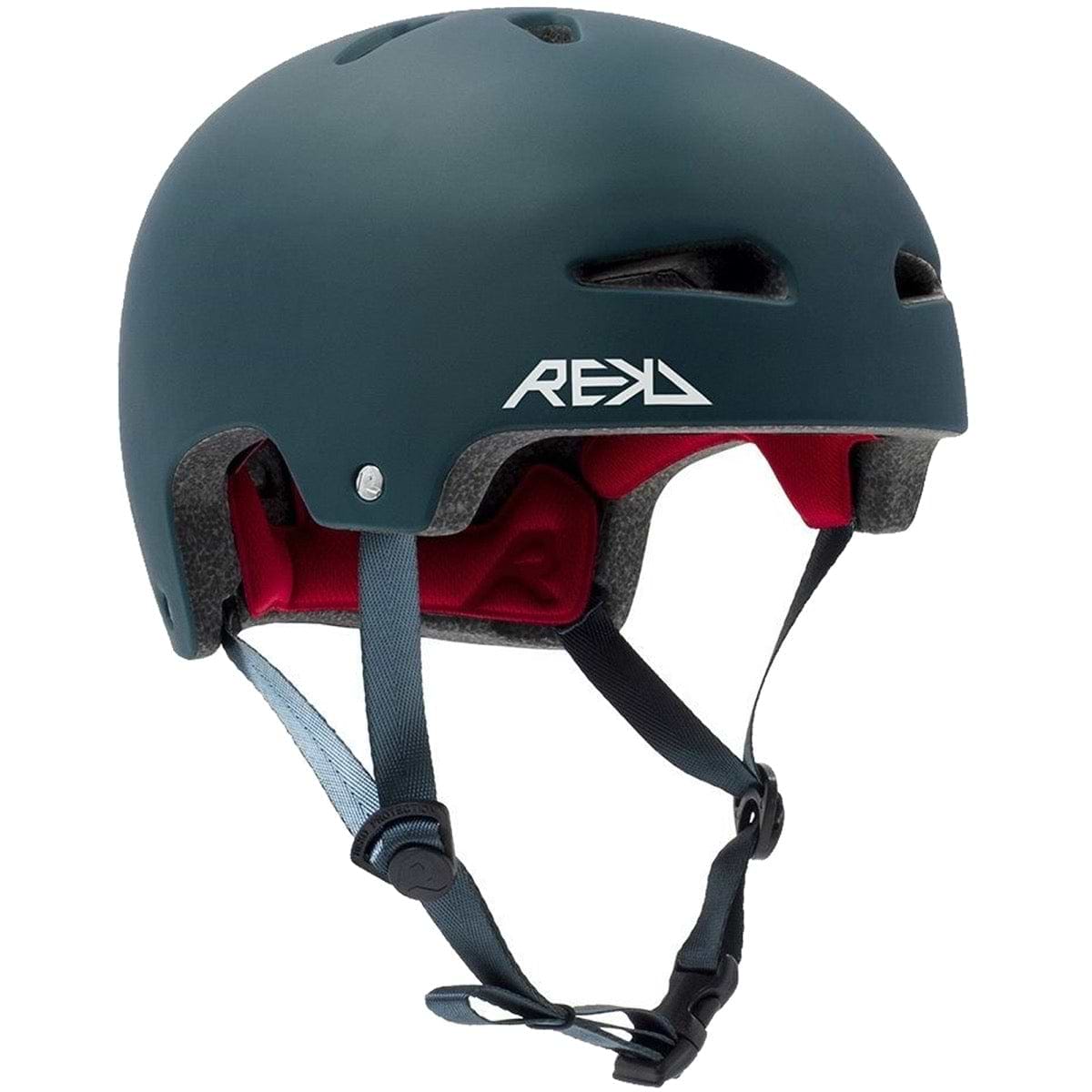 The REKD Ultralite In-Mold Skate / Scooter Helmet in blue boasts a red interior and an adjustable chin strap, ideal for action sports. Its lightweight design includes multiple ventilation holes and the brand logo is prominently displayed on the side.