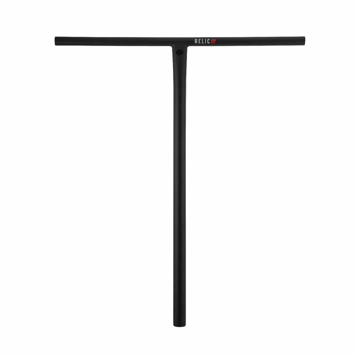 Explore the Drone Relic 3 Steel Oversized SCS Stunt Scooter Bars in black, crafted from Chromoly 4130 steel. This T-shaped handlebar measures 710mm x 610mm and prominently displays the iconic "RELIC" logo in red and white near the top right corner, offering a sleek and minimalist design against a clean white background.