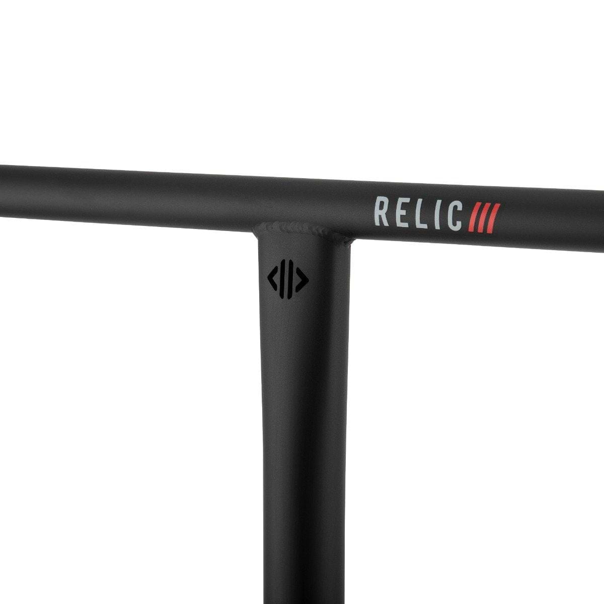Close-up of a black metal scooter handlebar crafted from robust Chromoly 4130 steel, showcasing the "Drone" brand name with red stripes. The Drone Relic 3 Steel Oversized SCS Stunt Scooter Bars feature a sleek, minimalist design that ensures durability and style, measuring 710mm x 610mm.