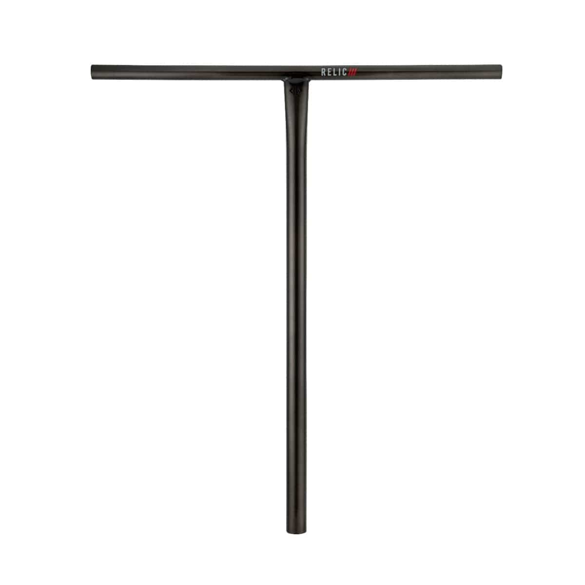 Drone's Relic 3 Steel Oversized SCS Stunt Scooter Bars in Trans Black feature a T-shaped design, expertly crafted from durable Chromoly 4130 steel. The minimalist styling is accentuated by the red "Relic" brand logo adorning the top crossbar. These handlebars, measuring 650mm x 600mm, are isolated on a white background to highlight their streamlined aesthetic.