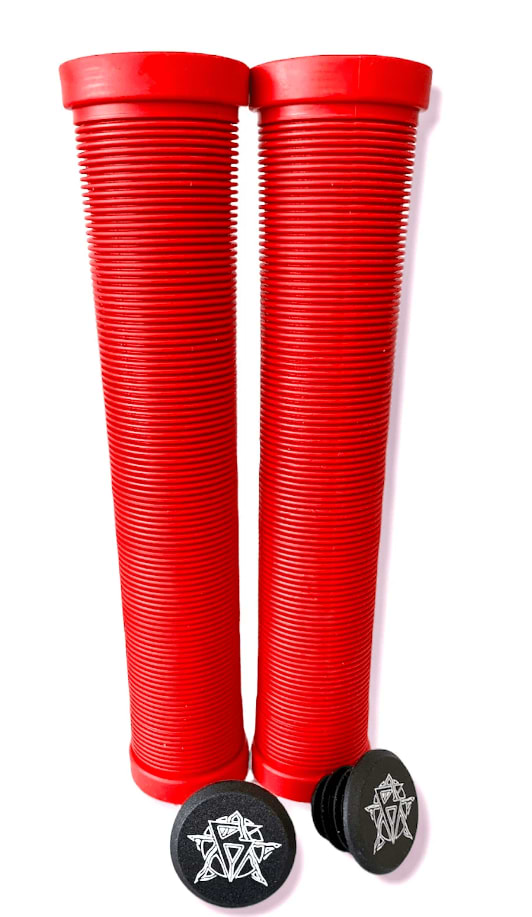 Two Revolution red ribbed cylindrical grips, crafted from high-grade TPR with black end caps featuring a star logo, are perfect for bicycles or stunt scooters. The soft grips are 172mm long and positioned upright with open ends at the bottom, while the caps rest on a white background.